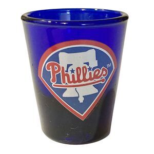Vintage Phillies Baseball Team Cobalt Blue Shot Glass 2003 Liberty Bell Hunter